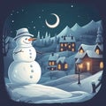 illustration of a snowman in a winter, night forest, Christmas snowy background. Postcard, poster Royalty Free Stock Photo