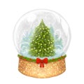 Illustration of a snowy glass globe. Hand-drawn drawing. Pine forest, Christmas tree, snowfall. Decoration tied with a spruce Royalty Free Stock Photo