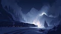 illustration, snowy mountain with train, ai generative