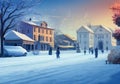 Illustration of a Snowy Town with Charming Houses and Trees in a Serene Winter Scene Royalty Free Stock Photo