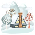 Illustration of snowy winter house in the forest, winter cartoon landscape Royalty Free Stock Photo