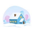 A snowy blue cottage under snowfall scenery, winter illustration Royalty Free Stock Photo