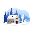 Snowy cottage next to pine forest with mountains background winter illustration Royalty Free Stock Photo