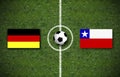 Illustration of a soccer field with flags of Germany and Chile on the competing sides