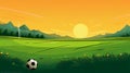 Illustration of a soccer field at sunset with a ball in the foreground Royalty Free Stock Photo