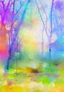 Illustration soft colorful autumn forest. Abstract fall season, yellow and red leaf on tree, outdoor landscape. Royalty Free Stock Photo