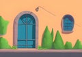 An illustration of a Soft Orange wall with a large arched door and green plants and trees Royalty Free Stock Photo