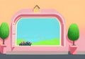 An Illustration of a Soft Pink Wall with a Large Arched Window and a View of a Serene Blue Sky and Green Park Royalty Free Stock Photo