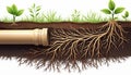 Illustration of soil cross-section featuring plant roots intertwined with underground pipe. Shows root system growth, botany, Royalty Free Stock Photo