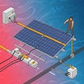 An illustration of a solar panel setup with a person working on it. The solar panel is Royalty Free Stock Photo