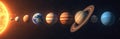 Illustration of solar system displays planets in correct order. Sun dominates foreground with orbiting celestial bodies including Royalty Free Stock Photo