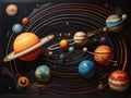 illustration of a solar system with multiple planets of various sizes and colors orbiting around a central star. Generative AI Royalty Free Stock Photo