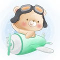 Cute little bear flying on plane cartoon watercolor illustration Royalty Free Stock Photo