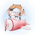 Cute little cow flying on plane cartoon watercolor illustration Royalty Free Stock Photo