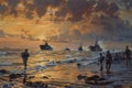 Illustration of soldiers and ships landing in Normandy during World War II