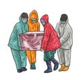 Illustration of some people in hazmat clothes are lifting the coffin