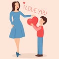 Illustration of son giving big heart to mother. Royalty Free Stock Photo