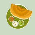 South Indian breakfast dish `Dosa with Sambar and Chutney` on banana leaf