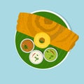 South Indian breakfast dish `Dosa and Vada with Sambar and Chutney` on banana leaf Royalty Free Stock Photo