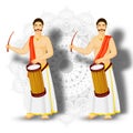 Illustration of South Indian drummer character on mandala pattern.