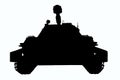 Illustration of a Soviet tank in black outline on a white background for clipping. Foreground