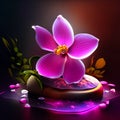 Illustration of spa stones with pink orchid flower on dark background Generative AI Royalty Free Stock Photo
