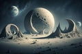Illustration of space base on moon for astronauts on background of planet. AI generated