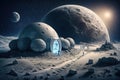 Illustration of space base on moon for astronauts on background of planet. AI generated