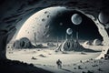 Illustration of space base on moon for astronauts on background of planet. AI generated.