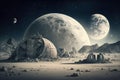 Illustration of space base on moon for astronauts on background of planet. AI generated.