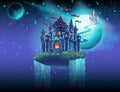 Illustration space castle with a waterfall on the background of the planet Royalty Free Stock Photo