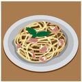 Illustration of Spaghetti Carbonara, sprinkled with ham, beautifully arranged leaves