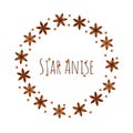 Illustration. Spice. Star anise Badian. Round frame
