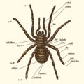 Illustration of a spider anatomy include all name of animal parts. Birdeater species in hand drawn or engraved style