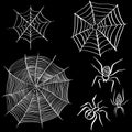 Illustration with spider webs and tree spiders isolated on black background. For design of postcards, invitations for holidays,