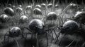 Illustration of spiders crawling over the grass in black and white Royalty Free Stock Photo
