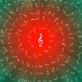 Spiral White Music Notes and Blurred Hearts in Red and Green Background Royalty Free Stock Photo