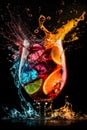 Illustration of a splash in a glass of refreshing multicolored summer cocktail with citrus slices in a wine glass on dark