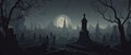 illustration of a spooky graveyard at night, with eerie fog creeping over the tombstones Halloween Royalty Free Stock Photo