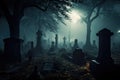 illustration of a spooky graveyard at night, with eerie fog creeping over the tombstones Halloween Royalty Free Stock Photo