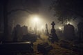 illustration of a spooky graveyard at night, with eerie fog creeping over the tombstones Halloween Royalty Free Stock Photo