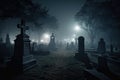 illustration of a spooky graveyard at night, with eerie fog creeping over the tombstones Halloween Royalty Free Stock Photo