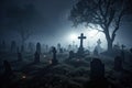 illustration of a spooky graveyard at night, with eerie fog creeping over the tombstones Halloween