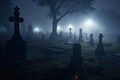 illustration of a spooky graveyard at night, with eerie fog creeping over the tombstones Halloween Royalty Free Stock Photo