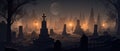 illustration of a spooky graveyard at night, with eerie fog creeping over the tombstones Halloween Royalty Free Stock Photo