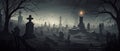 illustration of a spooky graveyard at night, with eerie fog creeping over the tombstones Halloween Royalty Free Stock Photo