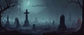 illustration of a spooky graveyard at night, with eerie fog creeping over the tombstones Halloween