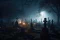 illustration of a spooky graveyard at night, with eerie fog creeping over the tombstones Halloween Royalty Free Stock Photo