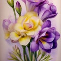 Illustration of a spring bouquet of multi-colored freesias. Freesias in red, lilac and yellow shades are collected in a bouquet.
