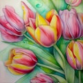 Illustration of a spring bouquet of multi-colored tulips.Tulips of red and yellow shades are collected in a bouquet